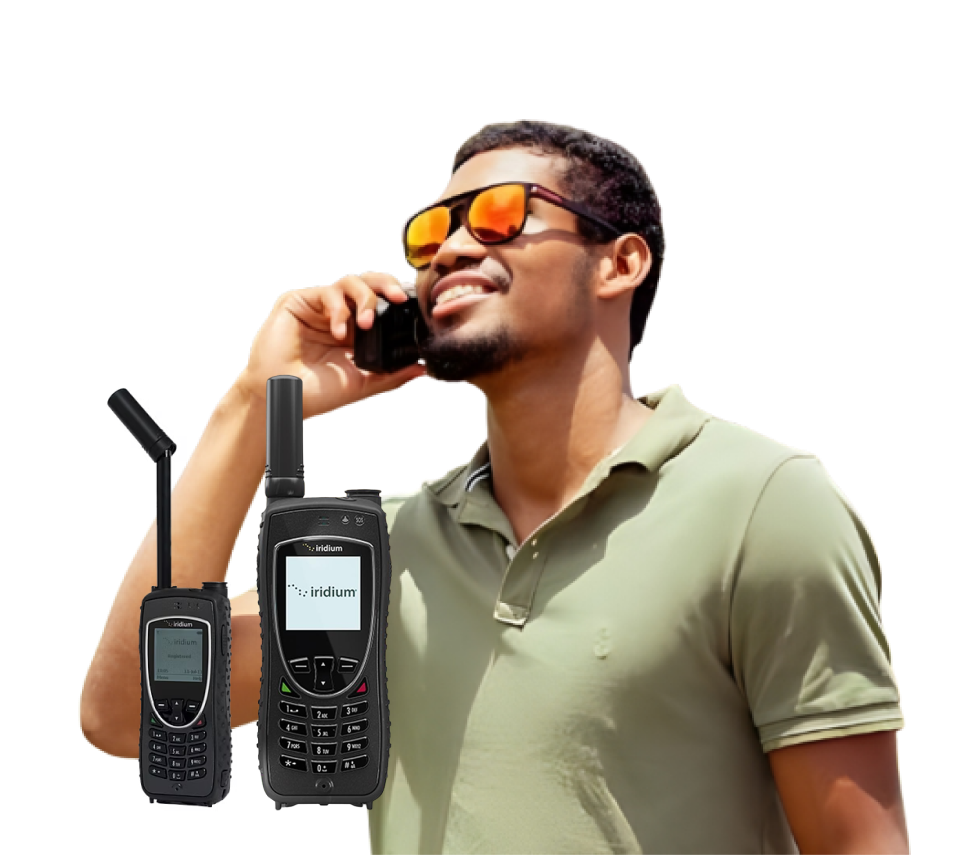 A promotional collage featuring a smiling man on a satellite phone, VNET Communications satellite dish, and communication devices.