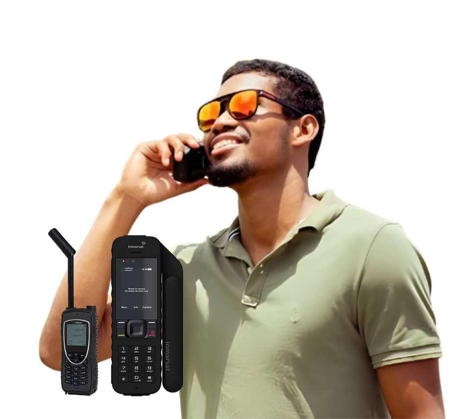 A promotional collage featuring a smiling man on a satellite phone, VNET Communications satellite dish, and communication devices.